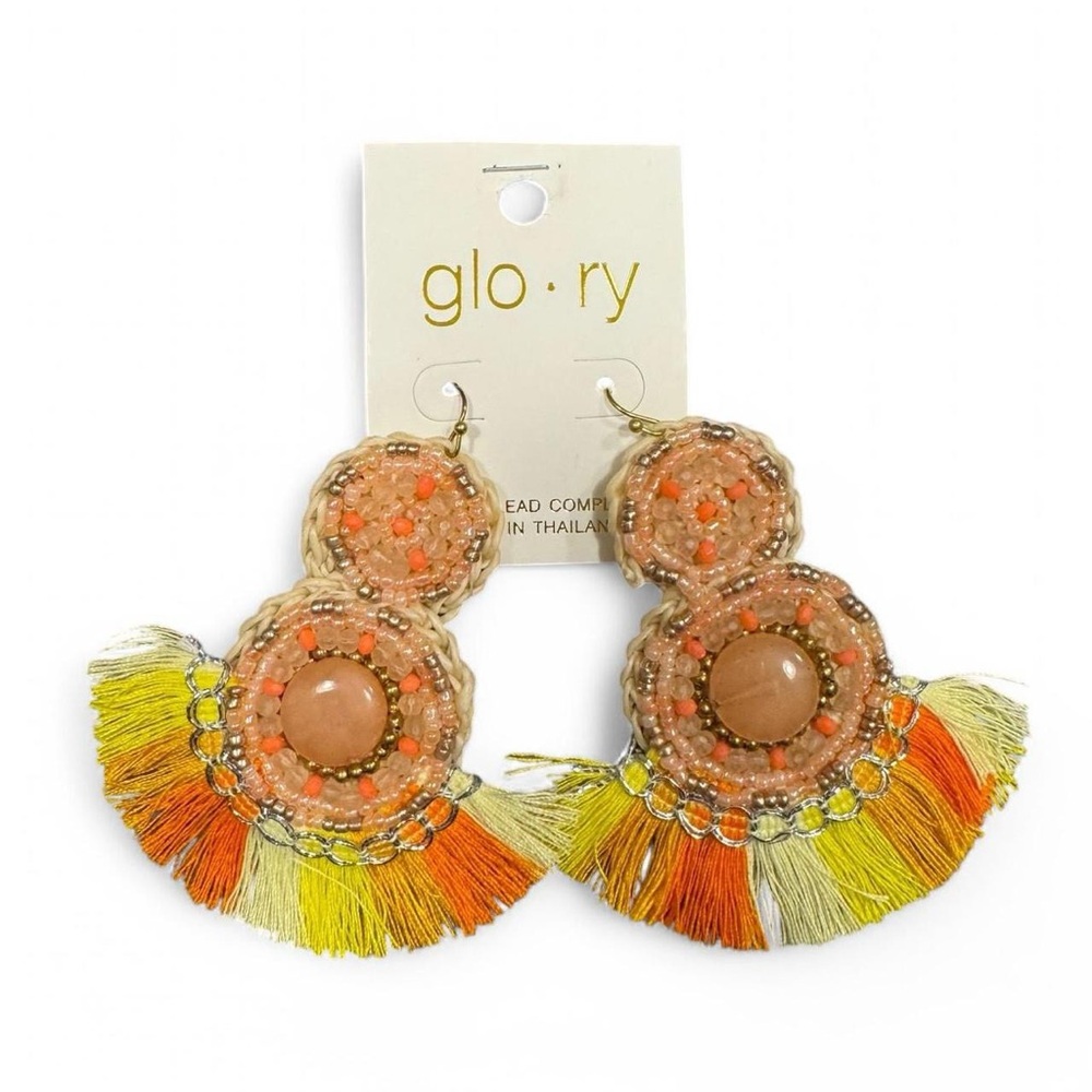 Bohemian Multicolor Beaded Tassel Earrings, Statement Fringe, Orange Yellow Fan